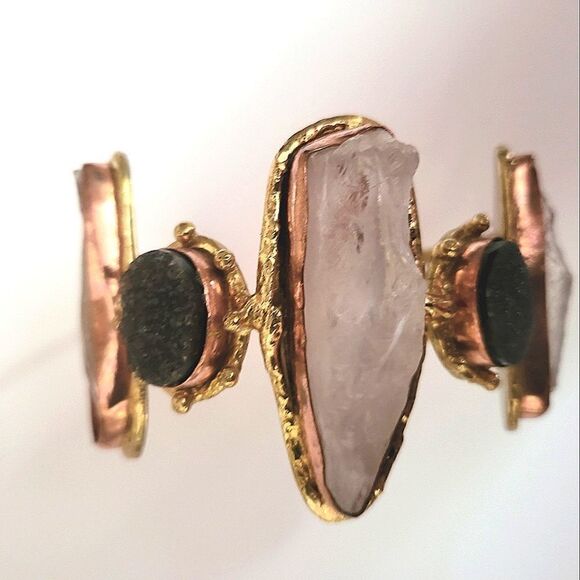 Gemstone Brass and Copper Statement Cuff Bracelet - Picture 7 of 8
